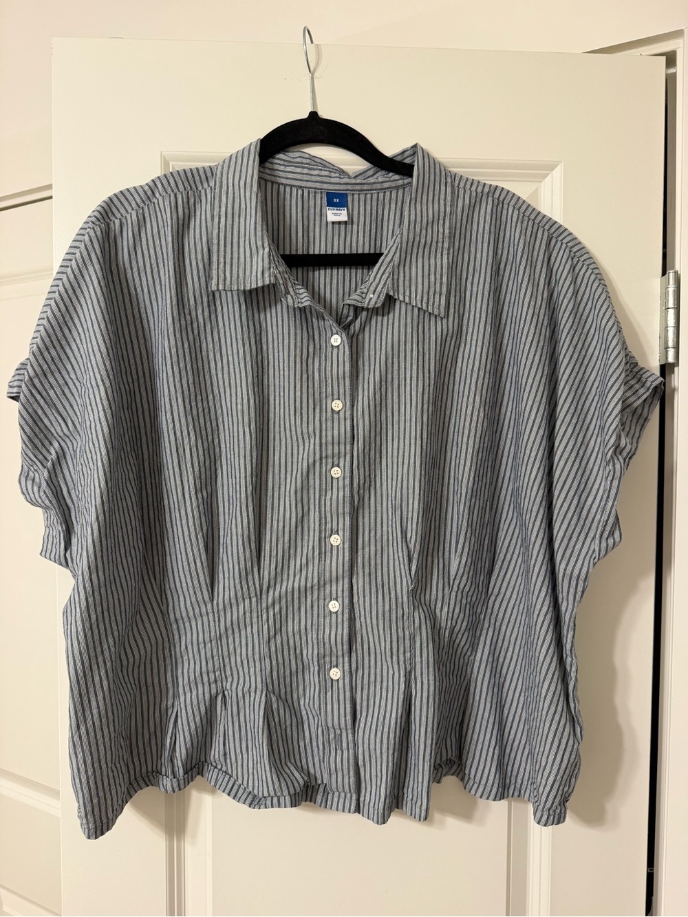 Light Blue Striped Button-Front Women’s Linen Peplum Shirt
